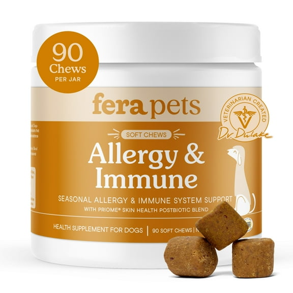 Fera Pets Dog Allergy Chews with Turkey Tail Mushrooms, Colostrum, & Postbiotics - Immune System & Gut Support - 90 Soft Chews