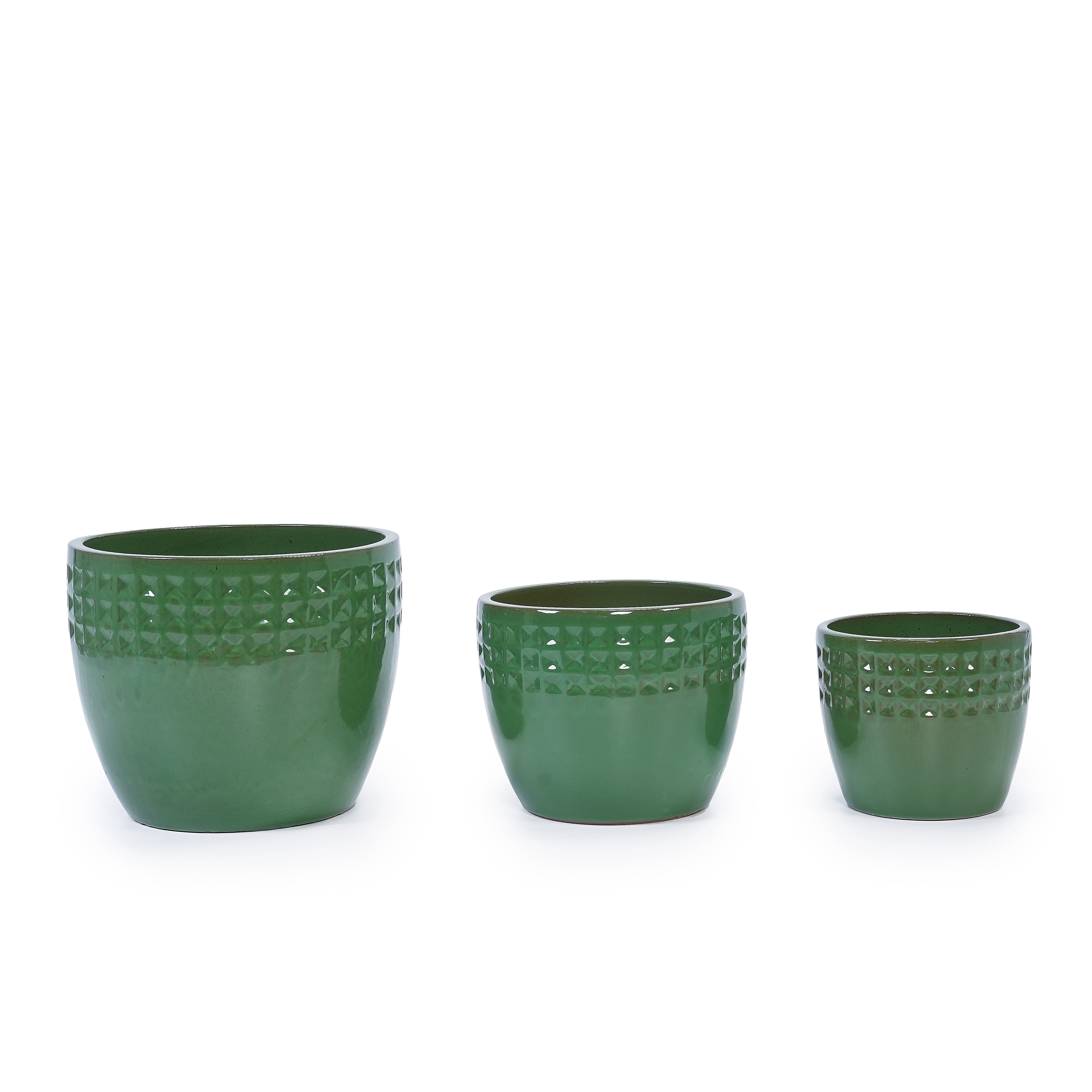 mdj pottery 3pcs Handmade Ceramic Planter Set, 15/12/9 Inch, Green Diamond Pattern, Ceramic Flower Pots for Orchids Succulents, Indoor Outdoor Windowsill Bookshelf Decor