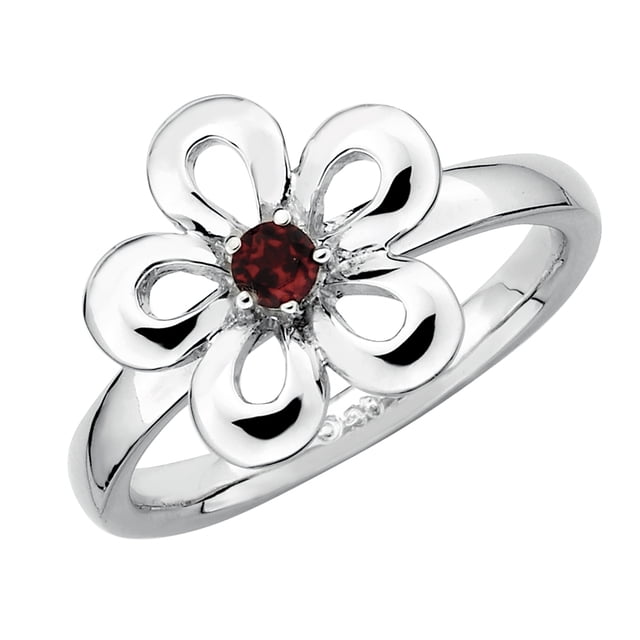 Red Garnet Flower Ring 1/10 Carat (ctw) in Sterling Silver