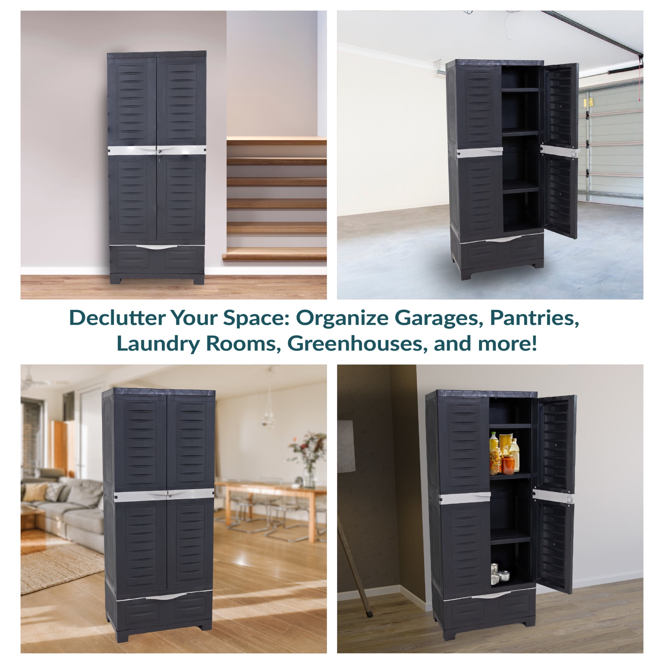 Sunnydaze Lockable Adjustable 57.5" Plastic 3-Shelf 1-Drawer Freestanding Storage Cabinet, Charcoal