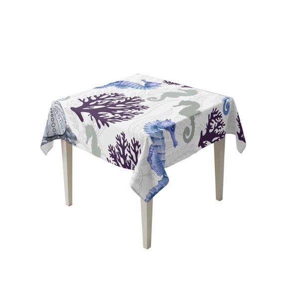Seahorse Coral Coastal Table Cloth, Waterproof Tablecloth for Square Tables, Nautical Summer Beach Ocean Sea Reusable Washable Fabric Table Cover for Restaurant Kitchen Dining Tables 60"x60"