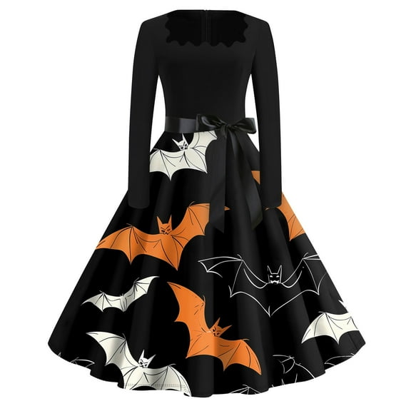 Halloween Costumes Women,Halloween Bat Tree Print Dress: Spooky Festive Long Sleeve A - Line Gown for Party Wear, Seasonal Style & Witchy Charm Black XXXXL