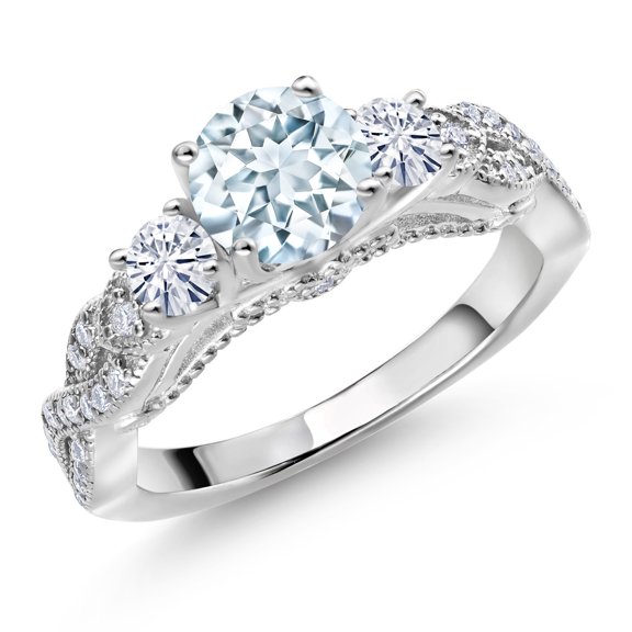 Gem Stone King 1.22 Cttw Sky Blue Aquamarine and White Moissanite Engagement Ring for Women | 925 Silver | Gemstone Birthstone | Round 6MM and 3MM  Wedding Engagement Anniversary Ring | Size 8