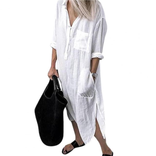 JUNWELL Shirt Dress Solid Color Side Split Spring Summer Temperament Loose-fitting Long Dress Casual Dress Maxi Dresses