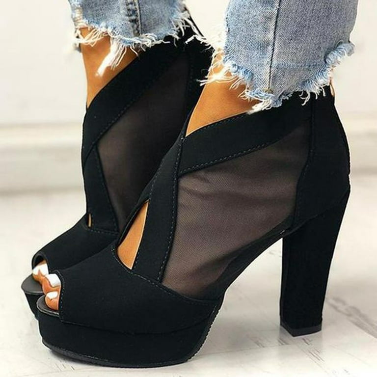 VBARHMQRT Female Flat Sandals for Women Women's Solid Color Fashion Thick  Heel High Heel Shoes Mesh Back Zipper Fish Mouth Sandals Womens Slide Sandals  Comfortable Dressy Womens Black Sandals Dressy 