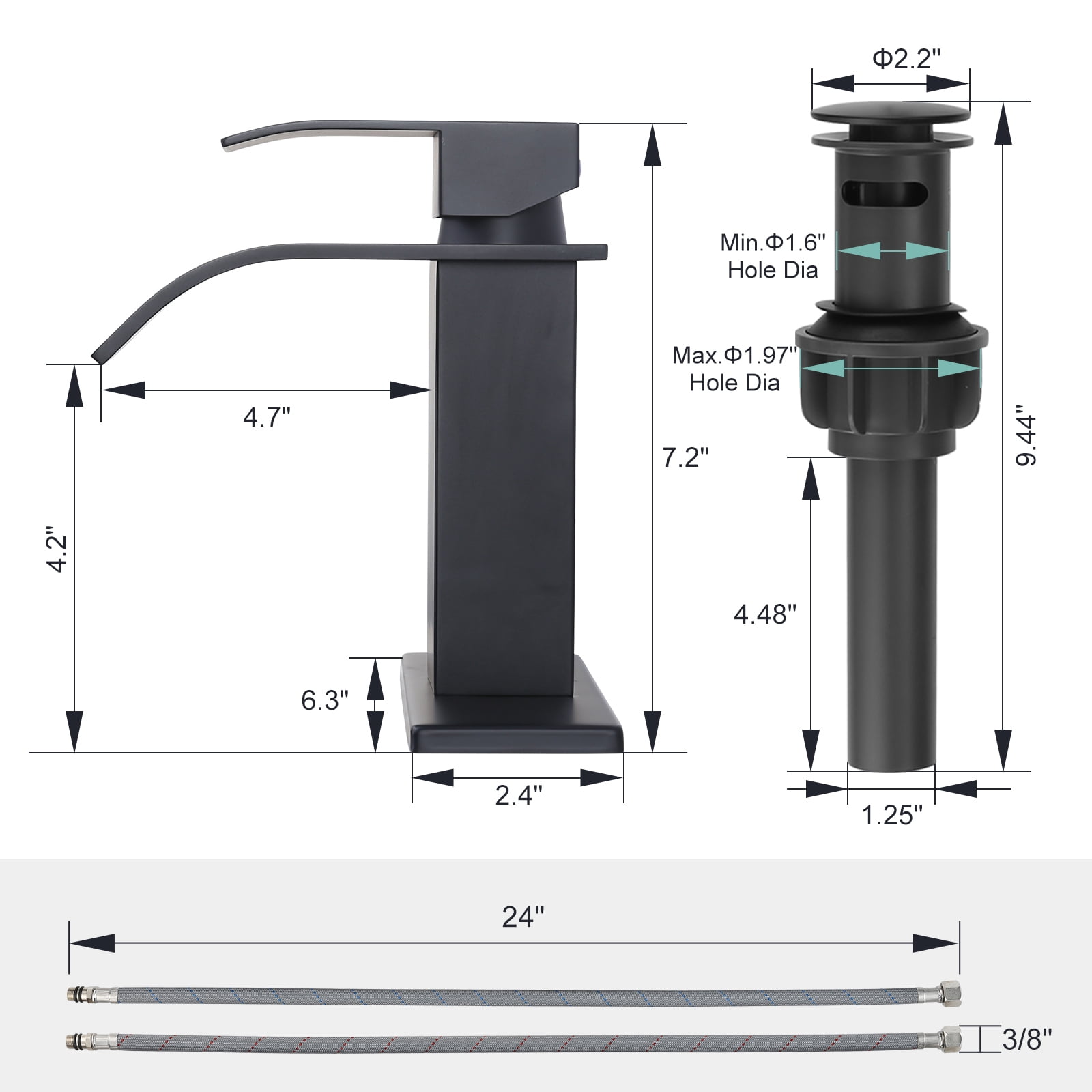 Wowow Waterfall Bathroom Faucet Matte Black Faucet for Bathroom Sink Single Handle Mixer Tap Lavatory Vanity Faucet with Deck Plate and Pop Up Drain, 1 or 3 Hole