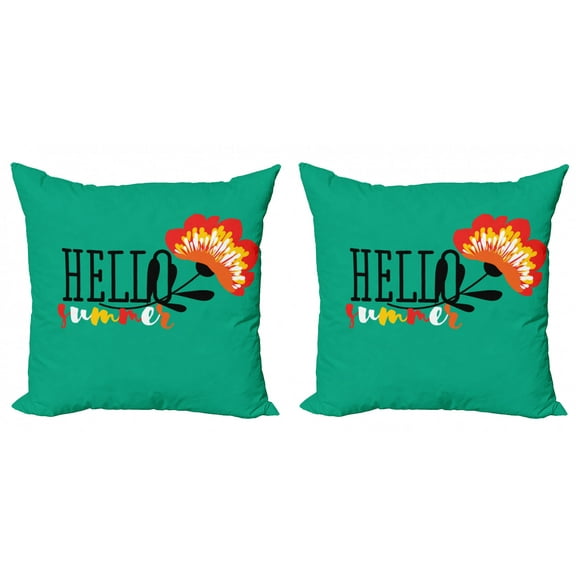 Hello Summer Throw Pillow Cushion Cover Pack of 2, Lettering with Colorful Blooming Flowers, Zippered Double-Side Digital Print, 4 Sizes, Sea Green Black, by Ambesonne