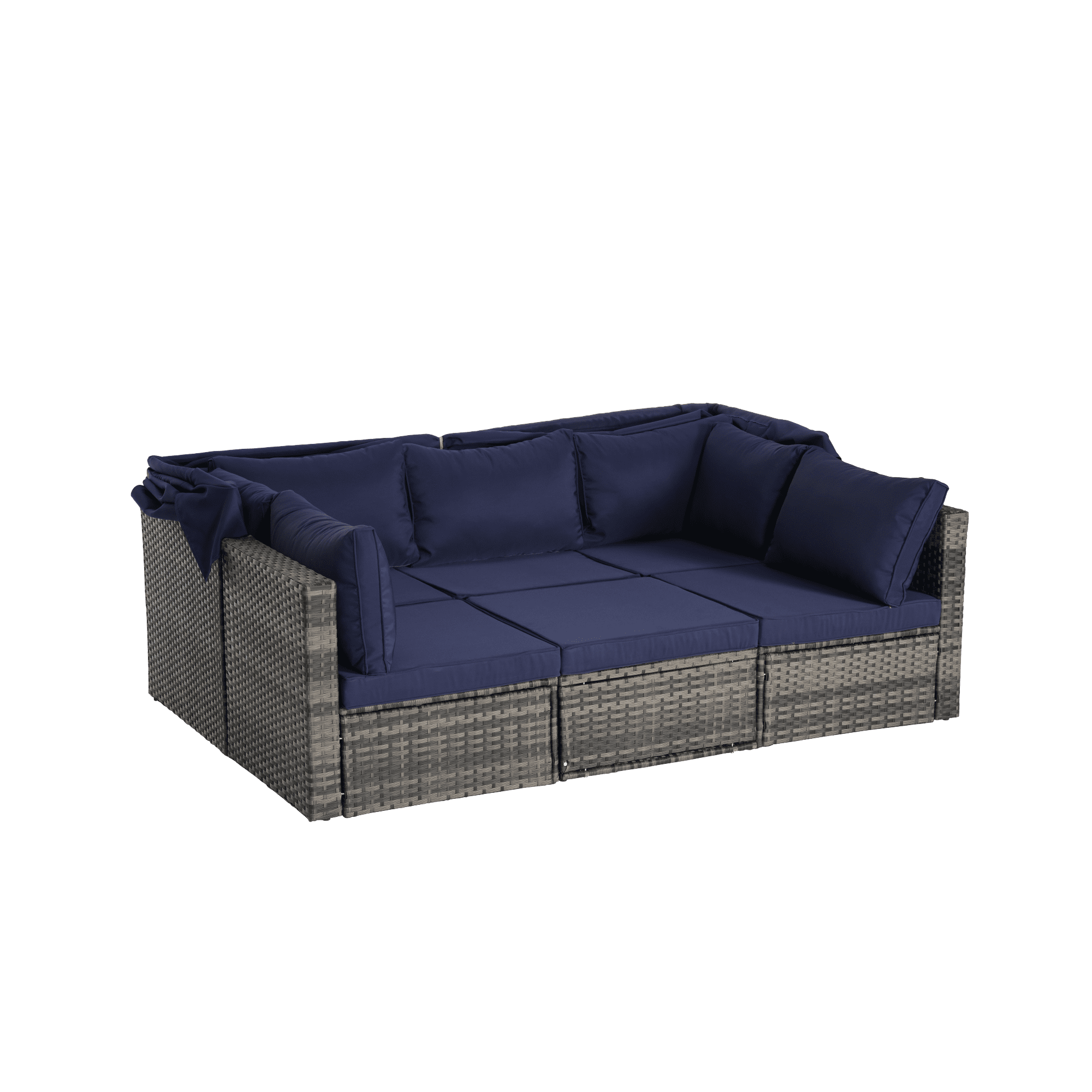 5 Pieces Outdoor Daybed with Retractable Canopy,Patio Wicker Sunbed Furniture Set with Storage Side Table and Sofa Cushions for Backyard, Porch, Garden,Dark Blue