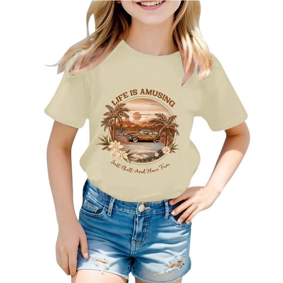 Kiijoy Toddler Girls Graphic Tee Short Sleeve Crew Neck T-Shirt Top, Beige, Sizes 1-2