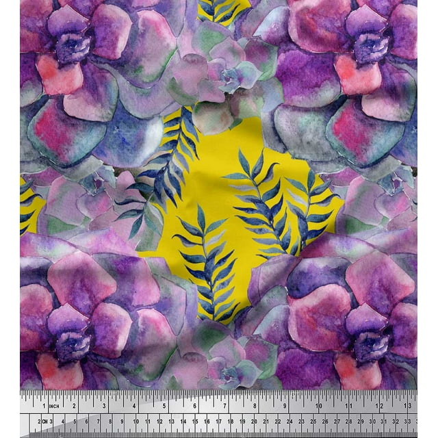Soimoi Yellow Poly Georgette Fabric Leaves & Begonia Floral Print Fabric by Yard 42 Inch Wide