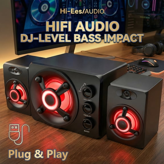 Computer Speakers with Subwoofer - Gaming Speakers PA System, with Bass, RGB Lighting, USB Powered, Plug And Play, 3.5mm Aux In for Desktop, Monitor, Laptop, Compact & Portable