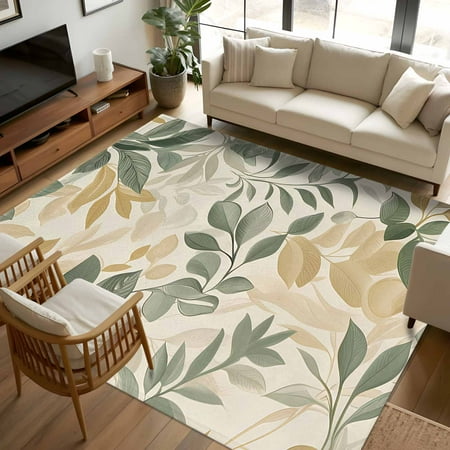 8x10 Area Rugs Sage Green Yellow Botanical Non-Skid Rubber Backing Large Rectangle Rugs - Living Room Bedroom Home Office, Spring Summer Vintage Indoor Floor Mat Carpets Washable Rug