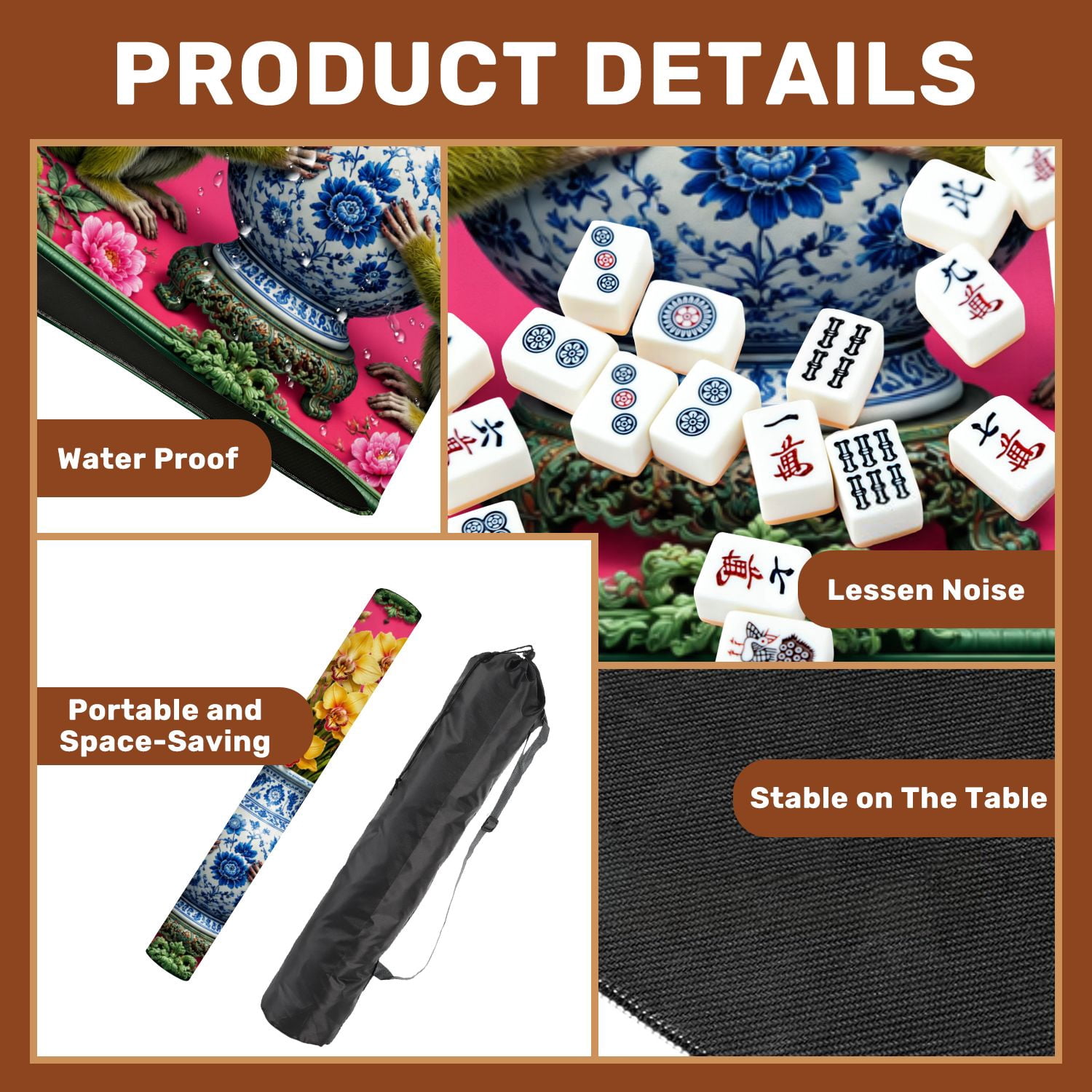 Mahjong Mat 31.5" x 31.5" Decorative Monkeys Floral Vase Birds Pink Non-Slip Noise Reduction Mahjong Tiles Table Cover for Dominoes Poker Card Board and Tile Games