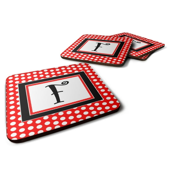 Letter F Initial  - Red Black Polka Dots Foam Coaster Set of 4