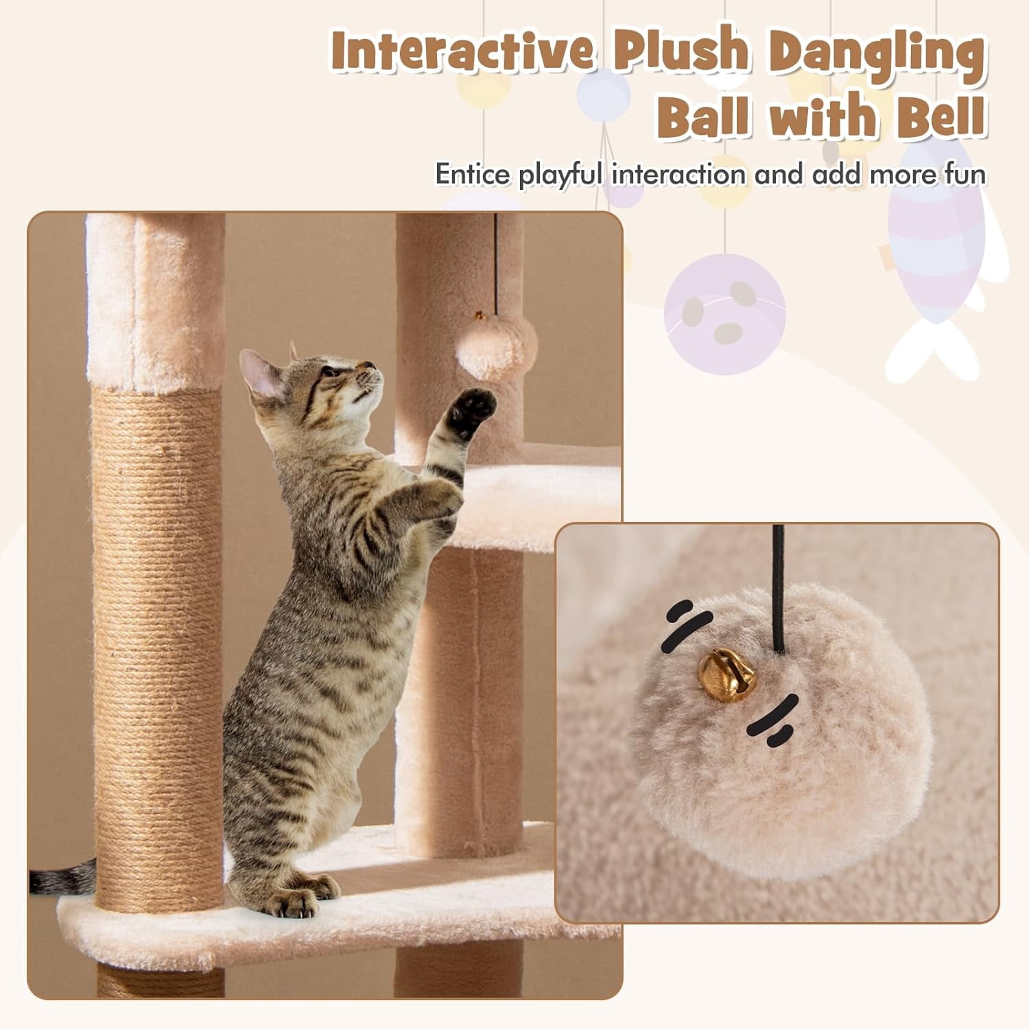 WSWJY Modern Cat Tree, 65 Inch Tall Cat Tower with Jute Scratching Posts, Dangling Balls, Cattail Basket Bed & Top Perch, Removable & Washable Cushions, Aesthetic Cat Tree for Indoor Cats