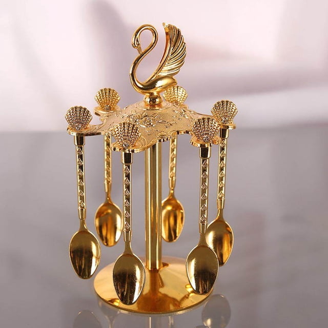 Metal Swan Base Holder with 6 Teaspoons for Dessert Alloy Gold Creative Ice Cream Coffee Gold