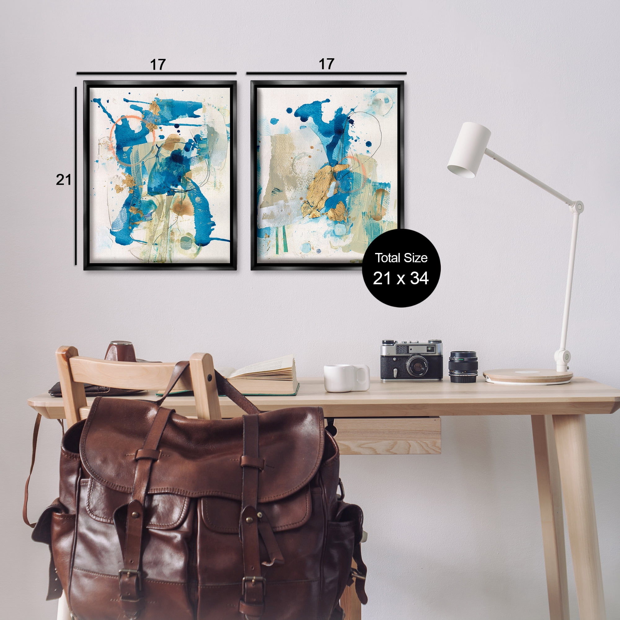 Stupell Industries Abstract Blue Gold Splash Abstract Painting Black Floater Framed Canvas Art Print Wall Art, 17 x 21, Set of 2