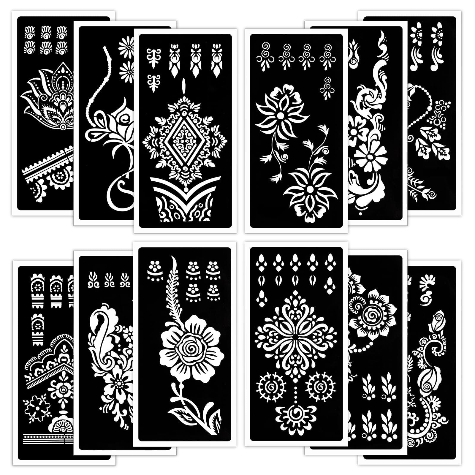 Qpout Tattoo Stencils, 12 Sheets Henna Temporary Tattoo Stencil Kit Reusable Tattoo Stickers for