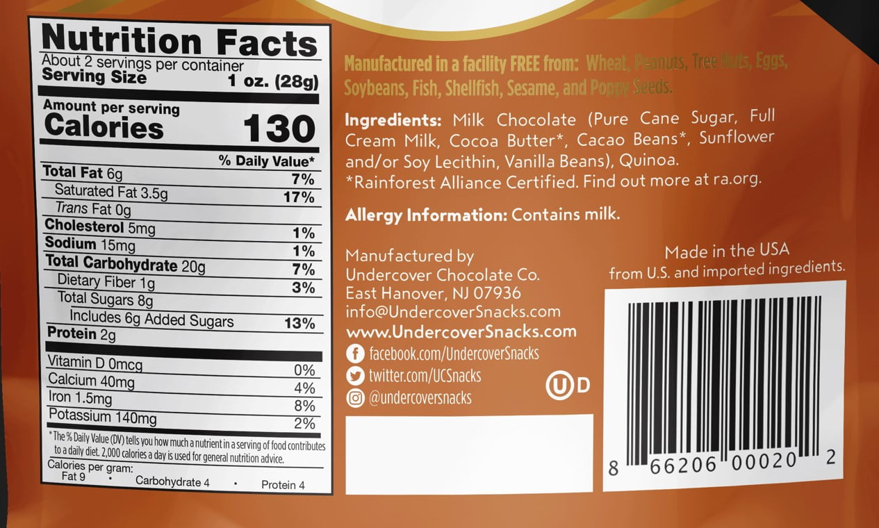 (4 pack) Undercover Snacks Crispy Quinoa Milk Chocolate Snack Bars, 2 oz