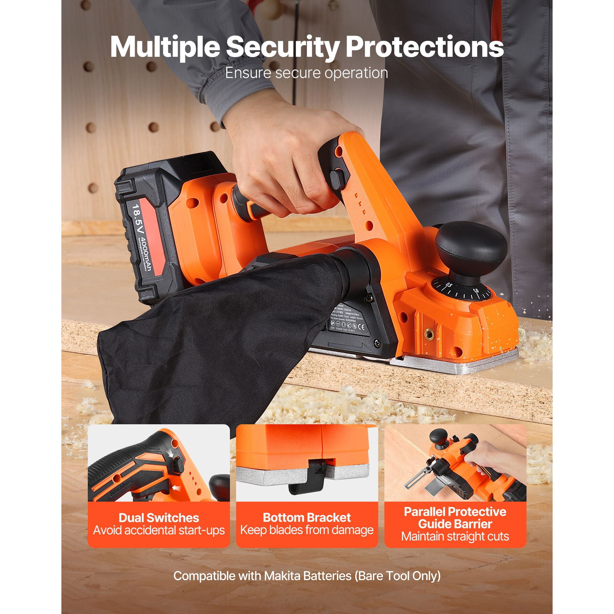 Cordless Hand Planer with 18V Brushless Motor, 3-1/4" Planing Width, 5/64" Depth, Adjustable Depth Knob, Chamfering Groove for Woodworking