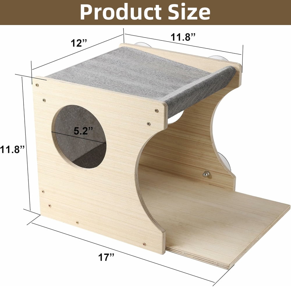 MIDOQIN Window Cat Perch, Sturdy Wood Cat Window Hammock with Heavy Duty Suction Cups, Cat Bed for Overlooking & Sleeping (Left)