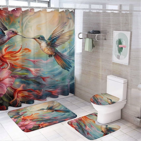 Flower Hummingbird 4 Piece Shower Curtain Sets, Non-Slip Rugs, Toilet Lid Cover And Bath Mat, for Bathroom Decor Set, 72" X 72"