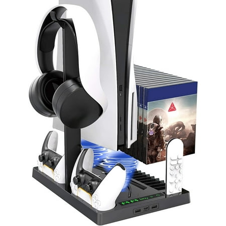 Vertical Stand with Headset Holder and Cooling Fan Base for PS5 Console & Playstation 5 Accessories, 1 Headphone Stand, 2 Controller Chargers, 15 Game Disc Slots and 1 Media Remote Organizer