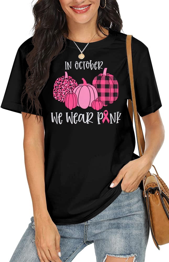 VILOVE in October We Wear Pink Pumpkin Graphic Tees Women Short Sleeve