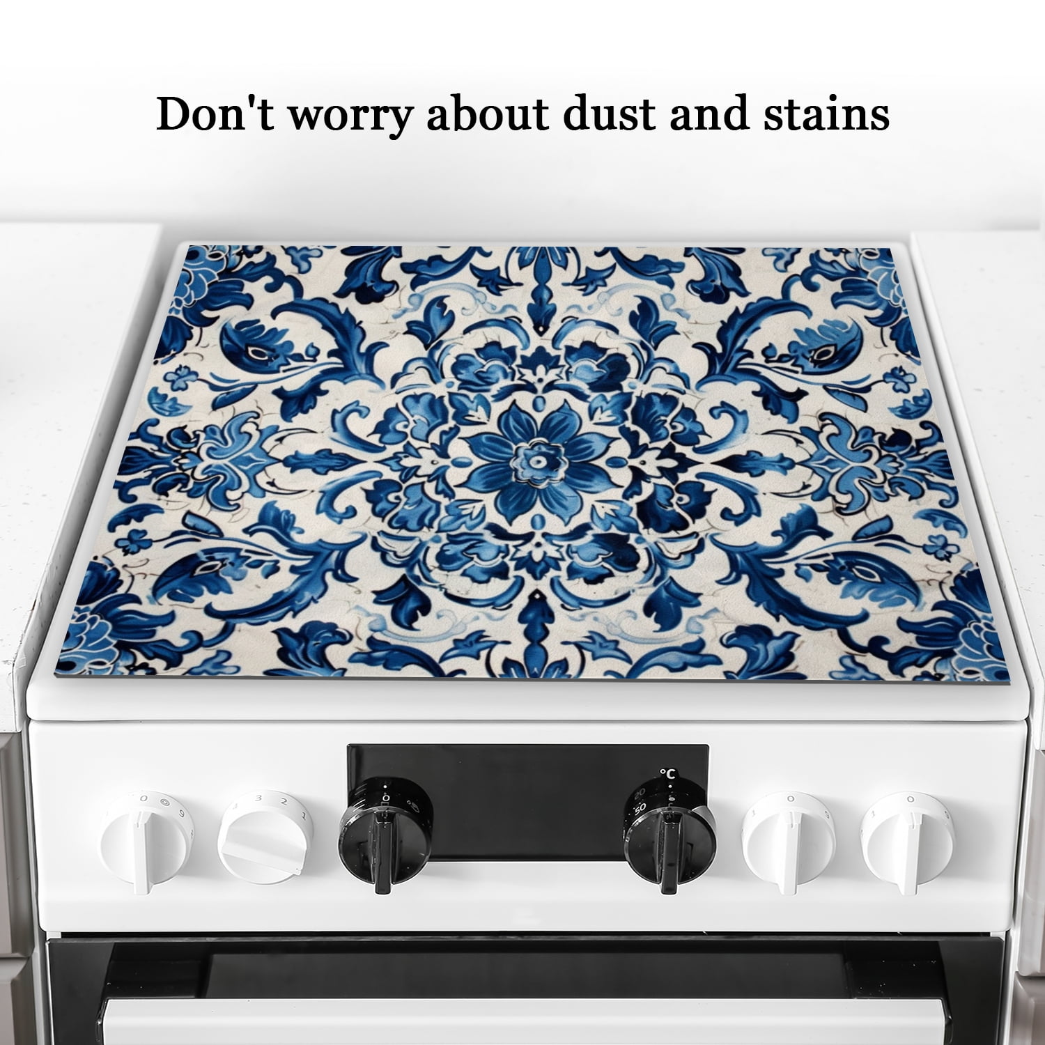 Glass Stove Top Covers For Electric Stove, Blue and White Flowers and Leaves Square Glass Stovetop Cover, Black White and Gold Dustproof Mat for Kitchen RV (28×20 Inch)