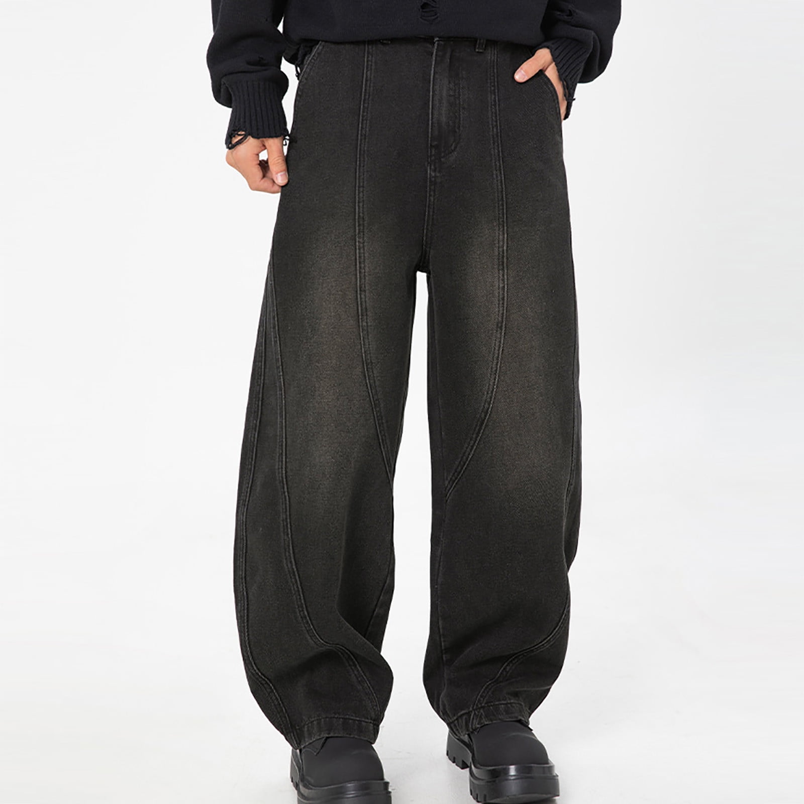 HOOMEUMY Relaxed Straight Men Male Vintage Baggy Jeans Retro Washed Workwear Jeans Casual Loose Pants Casual Denim Pants Black 10