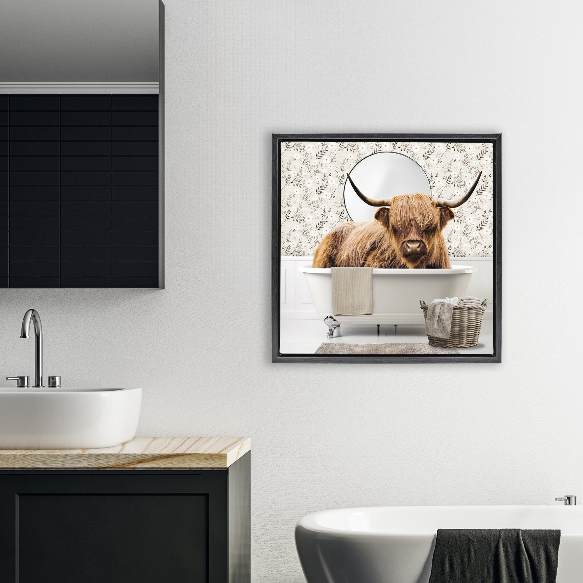 Stupell Industries Cottage Cattle Bath Time Black Framed Floater Canvas Wall Art, design by CAD Designs