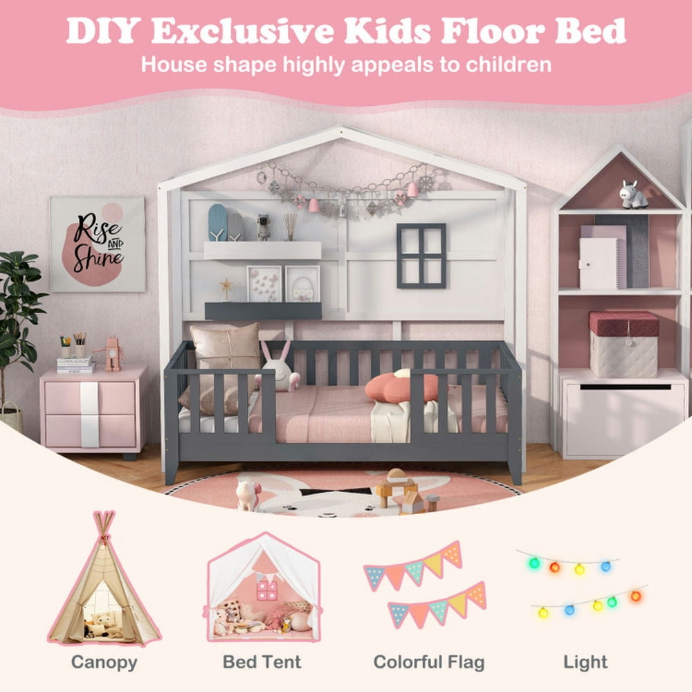 YYAo Bed Platform, Bed Frame Platform Bed,Twin Wood House Bed Montessori Floor Bed with 2 Shelves and Guardrails-Gray & White