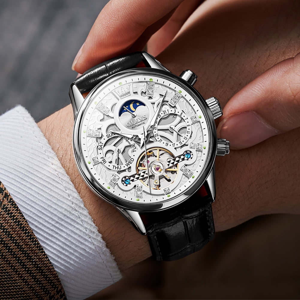 OLEVS Automatic Watches for Men Self Winding Mechanical Chronograph Skeleton Flywheel Luxury Dress Black Brown Leather Diamond Moon Phase Waterproof Luminous Mens Wrist Watches Reloj Para Hombre