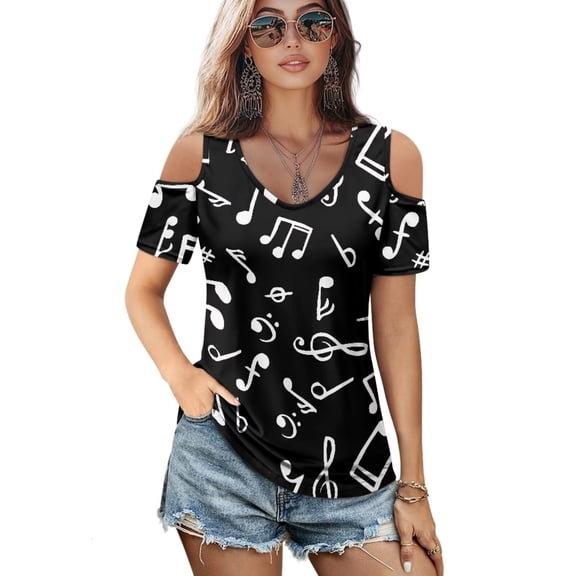 POLERO Women's Cut Out Cold Shoulder Tops Music Notes Print Summer Short Sleeve Sexy Shirts Travel Beach Hawaii Tunic Soft Lightweight Casual S
