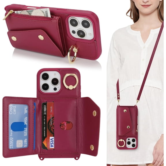 for iPhone 16 Pro Case with Card Holder and Strap - Zipper Pocket,Crossbody Lanyard Strap,Credit Card Holder,Stand Ring,Cute Phone Wallet Case for Women(Wine Red,6.3 Inch)