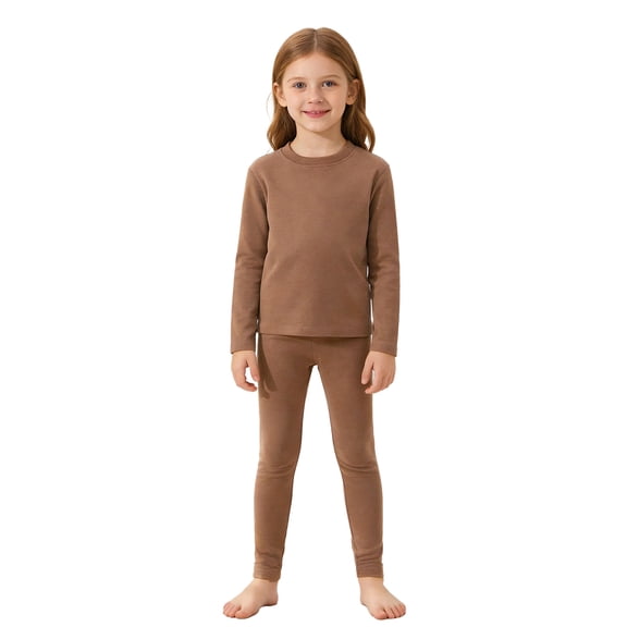 Haitryli Girls Kids Base Layer Outfit Winter Thermal Top And Bottom Fleece Lined Underwear Set Cold Weather Brown 150
