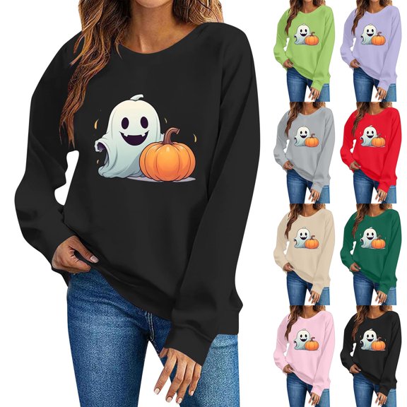 VKOYWKM Sweatshirts for Women Halloween Spooky Season Graphic Pullover Top Cute Crewneck Sweatshirt Oversized Long Sleeve Fall Sweatshirts
