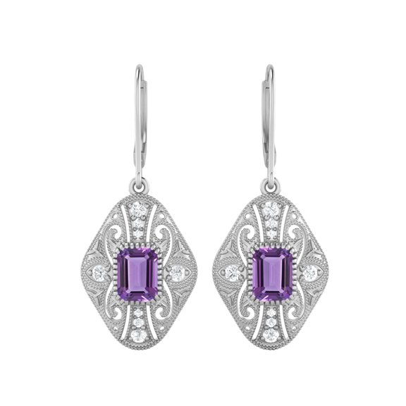 8X6 MM Emerald Cut Amethyst 925 Silver Filigree Dangle Valentines Day Gifts Women Earring