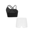 thumbnail image 2 of Raenseen Kids Girls Yoga Workout Outfit Asymmetrical Spaghetti Shoulder Straps Strappy Back Crop Top Black&White 8, 2 of 9