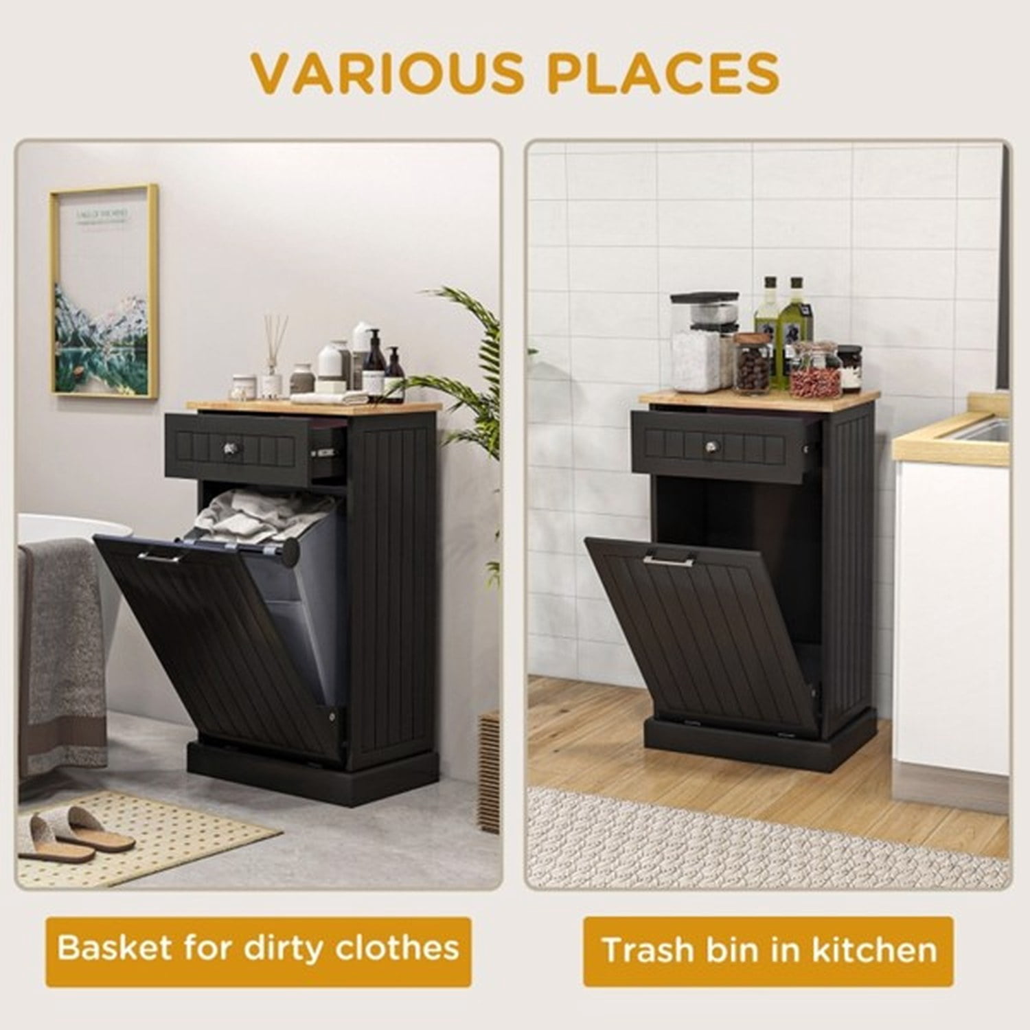 Tilt Out Trash Bin Cabinet with Drawer, Free Standing Recycling Can Holder, MDF and Wood, 20 in W x 13.25 in D x 35.5 in H, for Kitchen, Hallway, Laundry Room