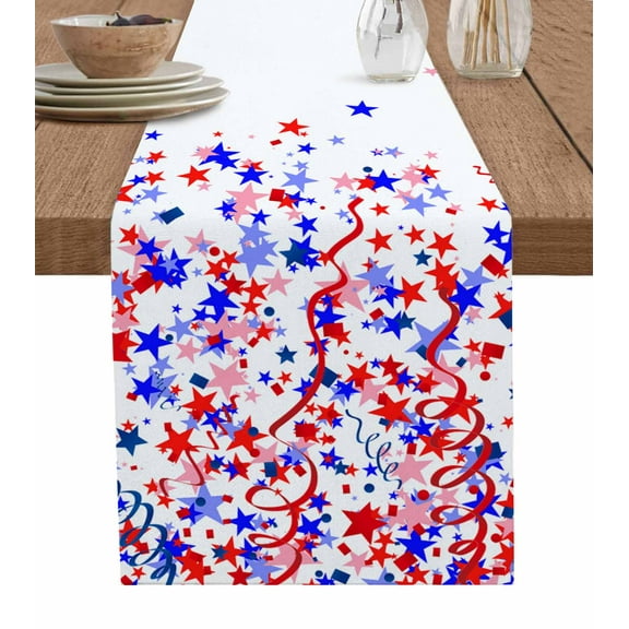 4th of July Table Runner Cotton Linen 48 Inch Holiday Dresser Scarves, Red Blue Star Independence Day Tablerunner for Kitchen Coffee Dining Bedroom Home Living Room Dinner Scarf Décor 13''x48''