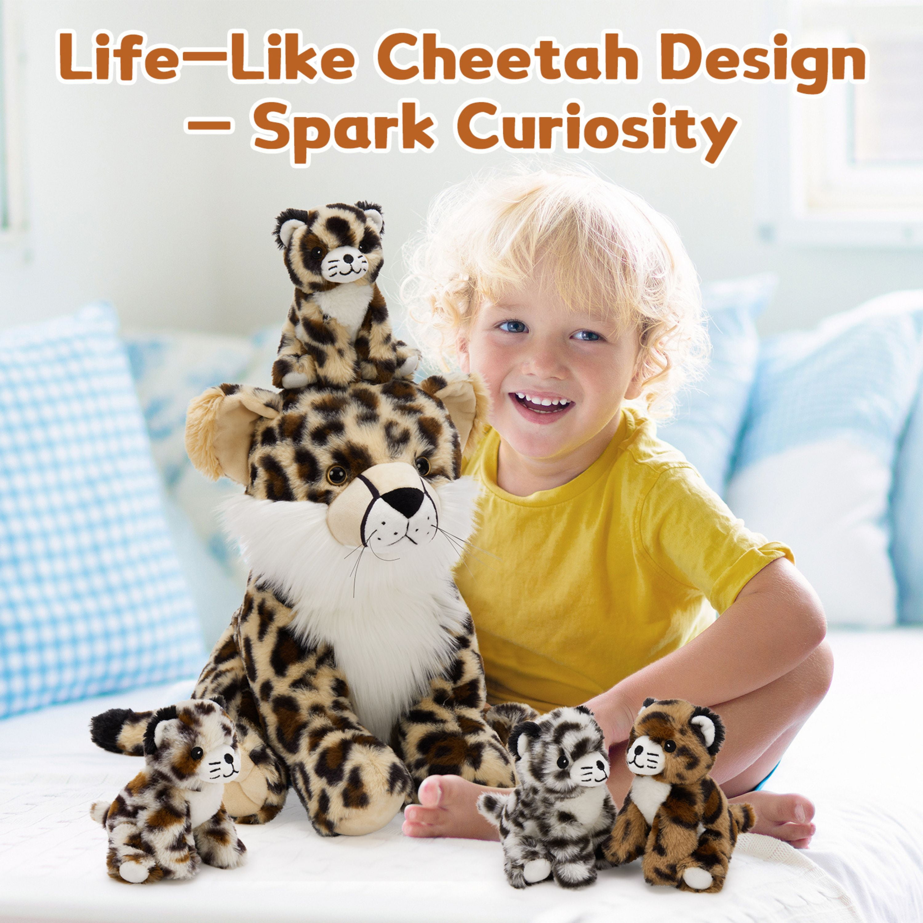 Muiteiur 5Pcs Cheetah Stuffed Animal 14.2'' Giant Cheetah Plush Toy With 4 Babies Inside