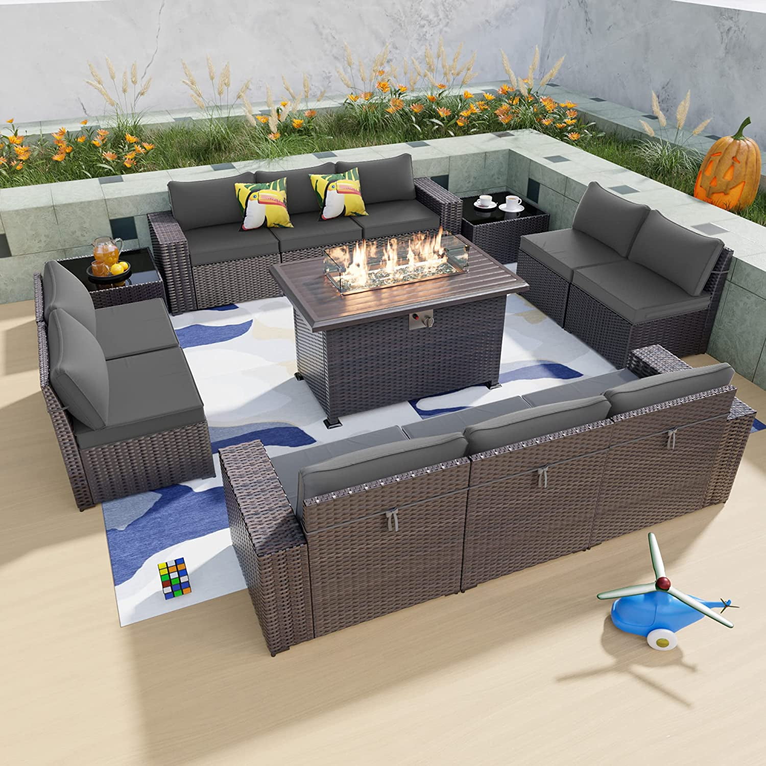 Gotland 13 Pieces Outdoor Patio Furniture Set with 43" Fire Pit Table