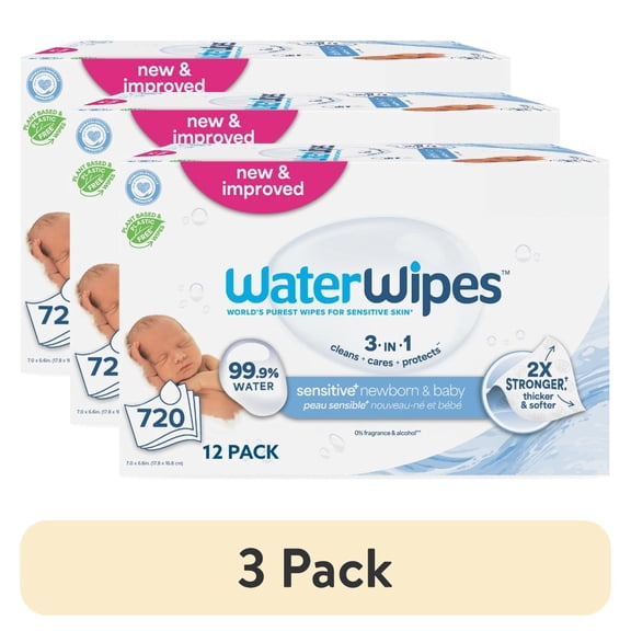 (3 pack) WaterWipes Sensitive Newborn & Baby Wipes, 3-In-1 Cleans, Cares, Protects, 99.9% Water, Unscented & Hypoallergenic, 12 Packs (720 Wipes)