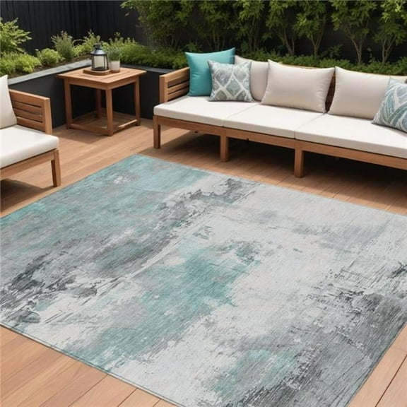 HomeRoots 617743 8 x 10 ft. Teal Blue & Gray Abstract Washable Indoor & Outdoor Rectangle Area Rug