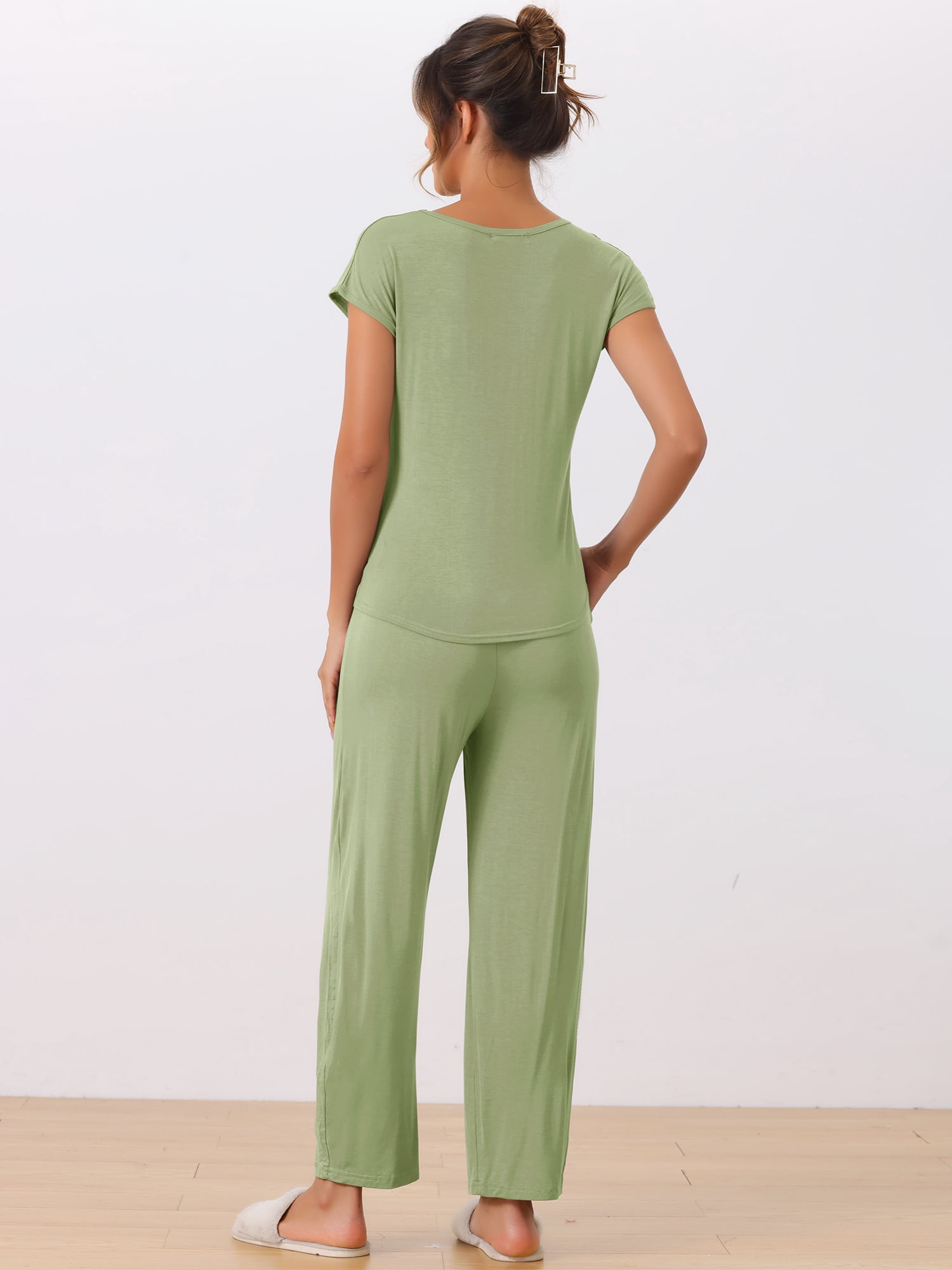 DARING DIVA Women's Short Sleeve Pajama Set Loungewear Long Pants Sweatsuit M Light Green