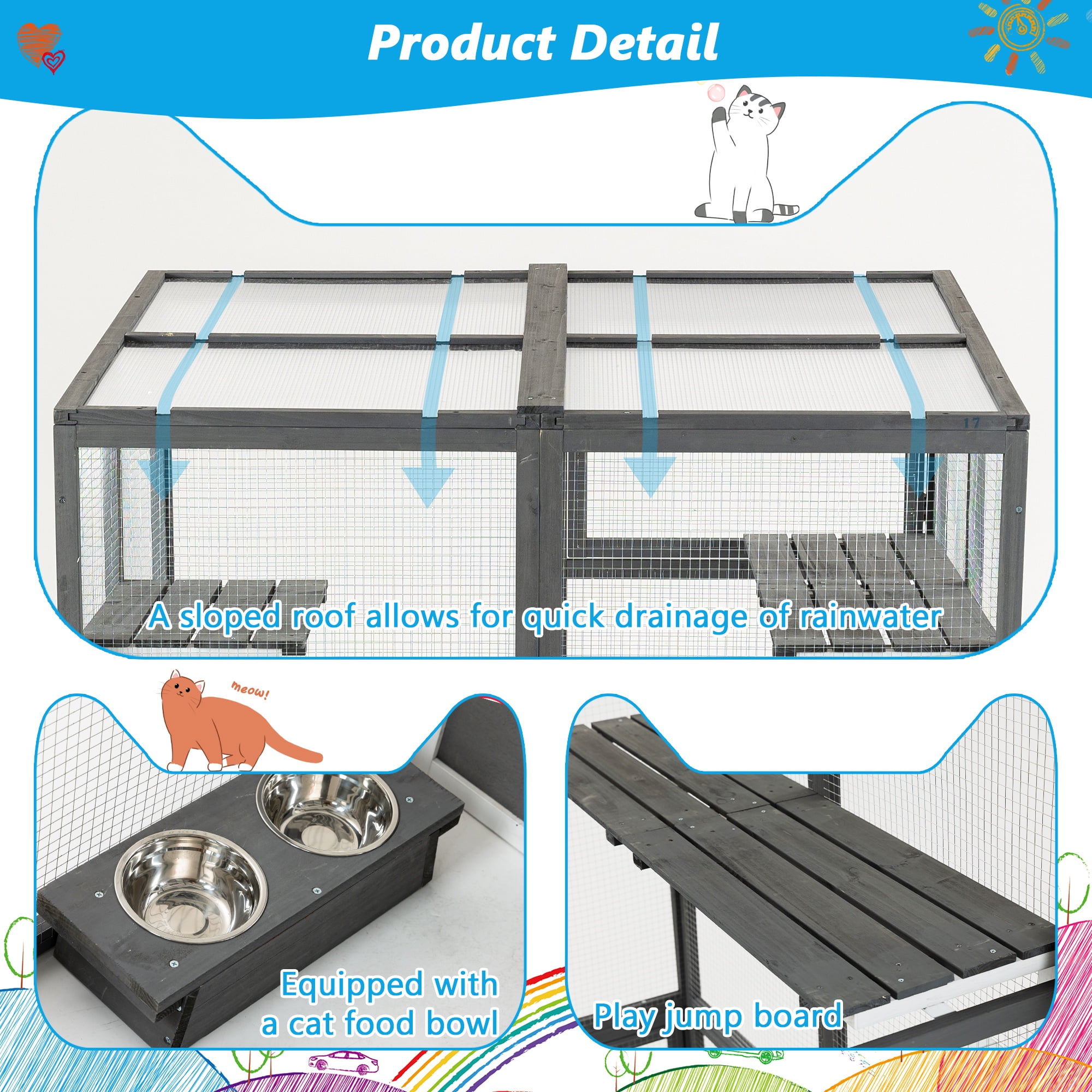Seizeen Outdoor Catio Enclosure, 75''H Wooden Cat House w/Playpen for Kitty Indoor Use, Large Walk-in Cat Cage with  2 Jumping Platforms & 7 Napping Houses