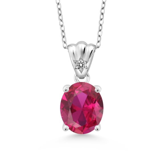 Gem Stone King 4.03 Ct Oval Red Created Ruby White Diamond 925 Sterling Silver Pendant