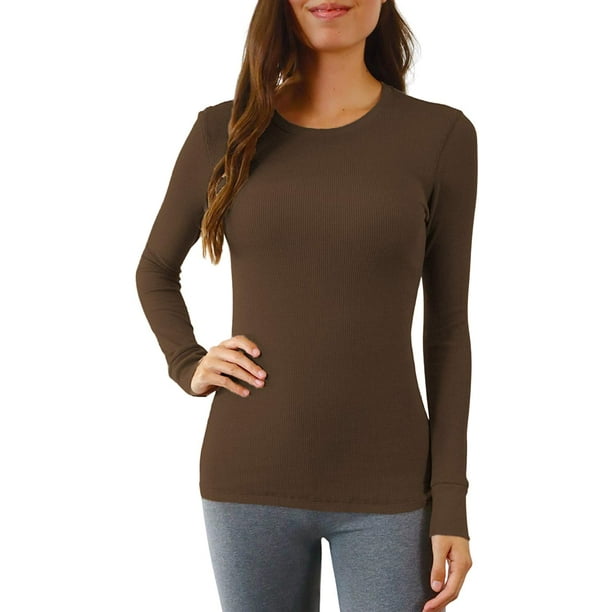 Pure Look Women's Long Sleeve Waffle Knit Stretch Cotton Thermal Underwear  Shirt, Crew Neck Brown, 2X