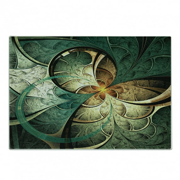 Fractal Cutting Board, Computer Art Featured Surreal Flowers Dreamy Imaginary Creative Concept, Decorative Tempered Glass Cutting and Serving Board, Small Size, Jade Green Orange, by Ambesonne